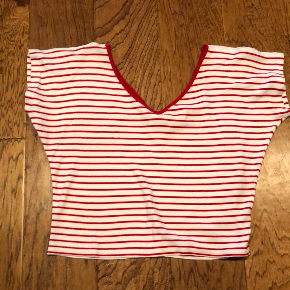 Striped Red & White V-Neck Women's Top